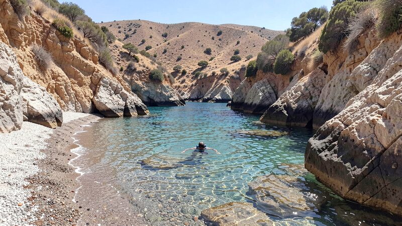 Cala mediterranea estrecha con playa de cantos, paredes rocosas y agua turquesa somera con un apneista en superficie