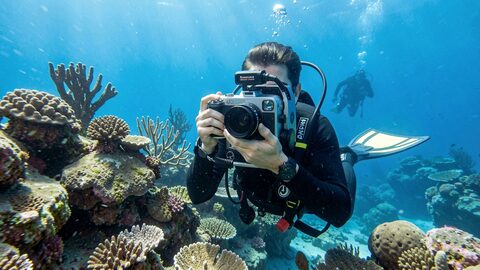 Fotografo submarino con una camara en su carcasa flotando sobre un arrecife mediterraneo con agua azul detras