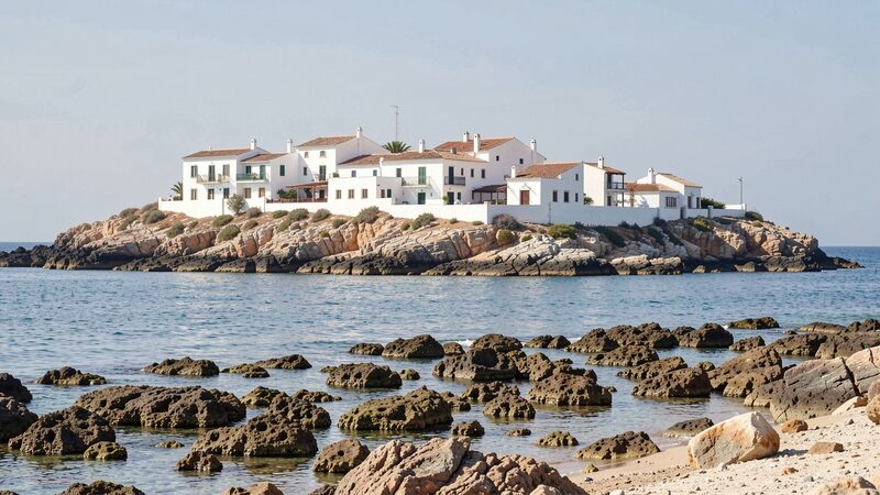 Pueblo pesquero andaluz de casas blancas sobre una punta rocosa junto a una bahia con arrecife somero en primer plano